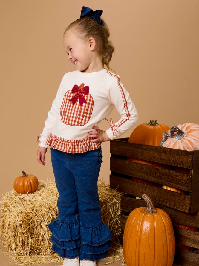 Pumpkin Bow Ivory Applique Ruffle Bow Sweatshirt