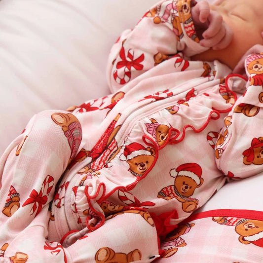 Beary Christmas Ruffle Zipper Footie | Pink