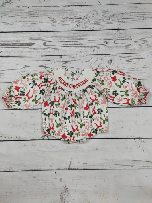 Merry Christmas Smocked Bow Baby Bubble