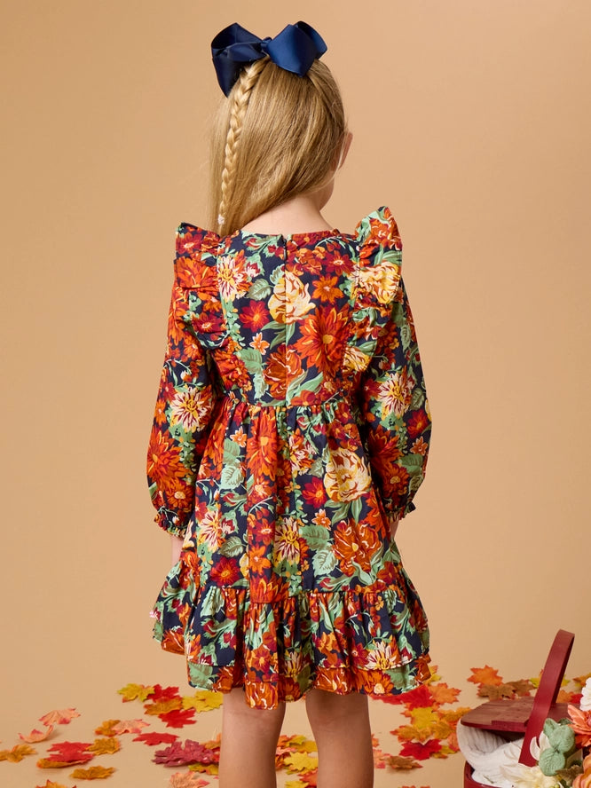 Autumn Blooms Long Sleeve Waterfall Bow Dress