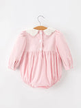 Load image into Gallery viewer, Pink Smocked Girl Bubble Romper Peter Pan Collar Floral Detail
