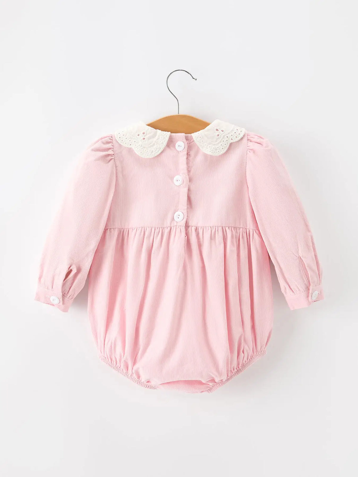 Pink Smocked Girl Bubble Romper Peter Pan Collar Floral Detail