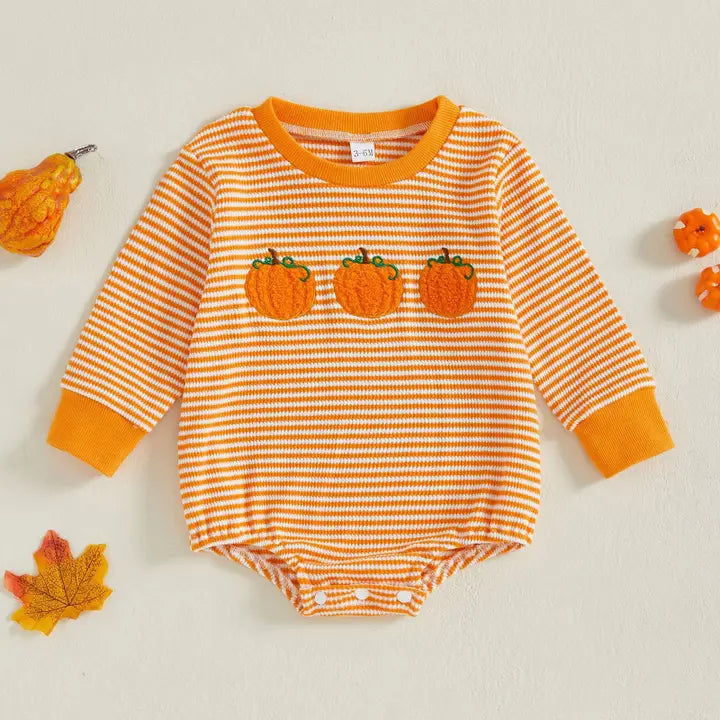 Halloween Pumpkin Embroidery Striped Romper