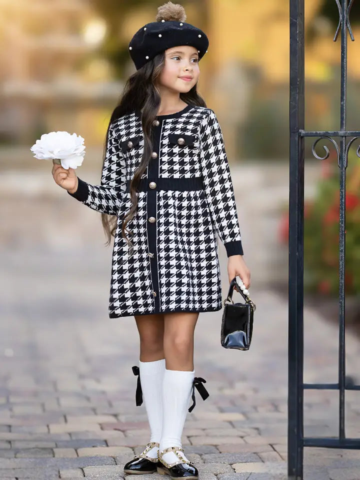 Elegant Houndstooth Gold Trim Button Knit Dress