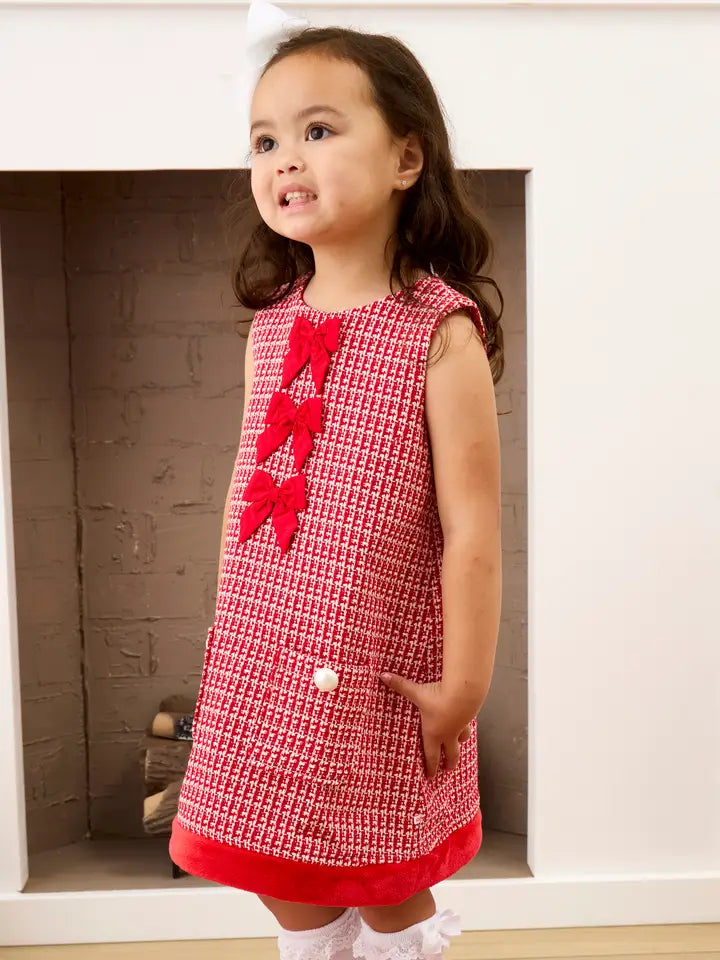 Red Shimmer Tweed Sleeveless Bow Fur Dress