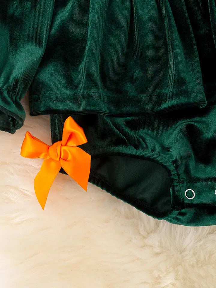 Fall Green Velvety Baby Onesie With Embroidered Details