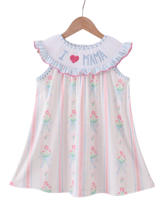 I Love Mama Smocked Ruffle Dress