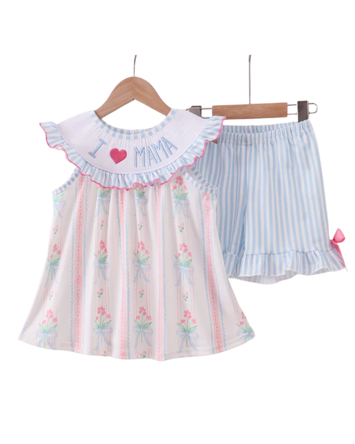 I Love Mama Smocked Ruffle Shorts Set