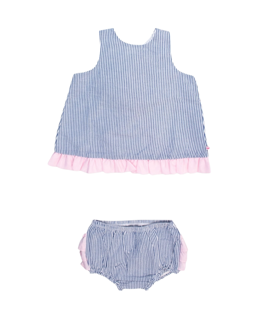 Blue Seersucker Ruffle Swing Bloomer Set