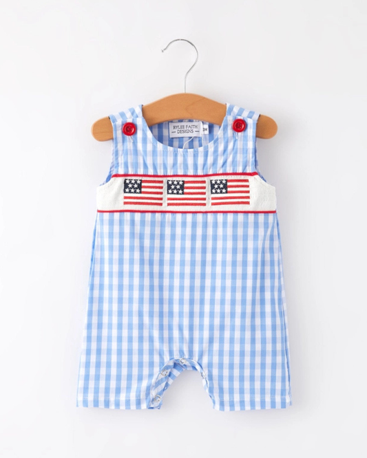 4th Of July Flag Embroidered Smocking Romper