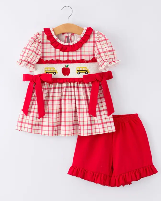 School Bus Embroidery Plaid Girls Set Ruffle Bow