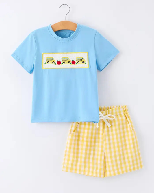 School Bus Boys Plaid Shorts Set