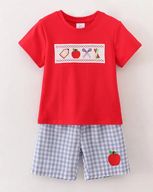Pencil Apple Applique Plaid Shorts Set
