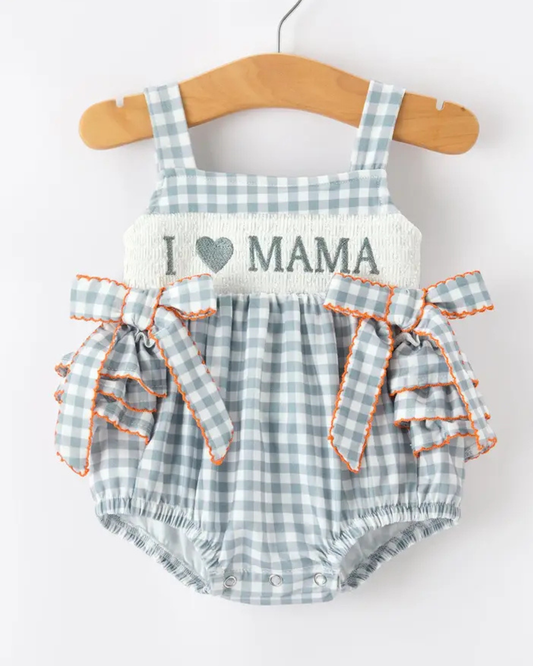 I <3 Mama Plaid Girls Bow Ruffle Romper
