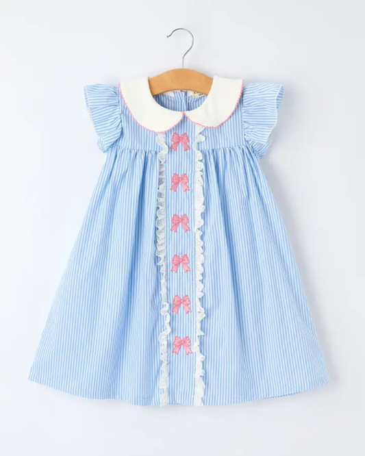 Blue Stripe Petal Peter Pan Collar Bow Dress