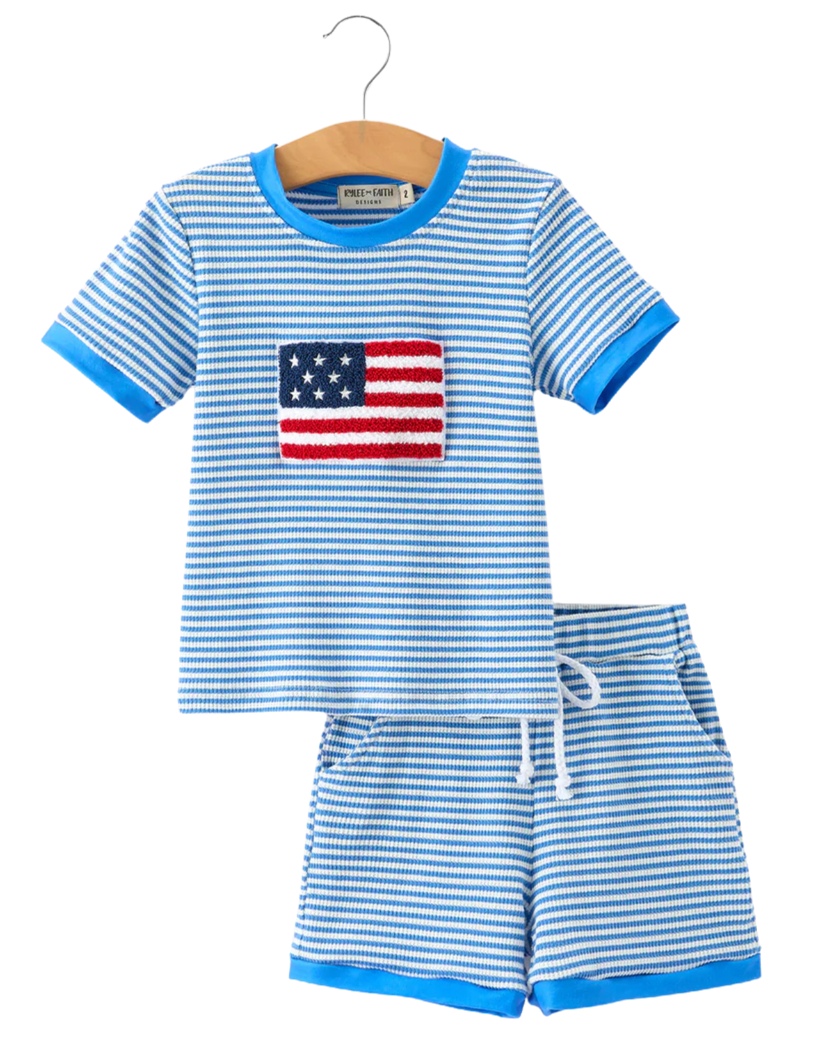 4th Of July Flag Chenille Blue Stripe Shorts Set