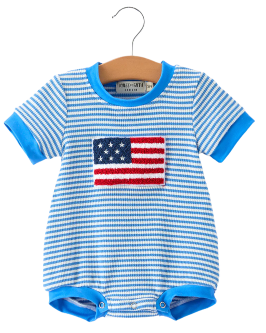 4th Of July Flag Chenille Blue Stripe Romper