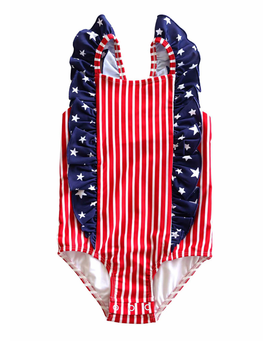Stars & Stripes Double Ruffle Bow Back Swimsuit