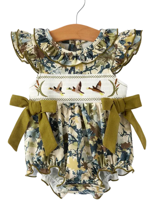 Duck Smocking Embroidery Camo Romper