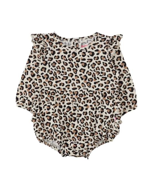 Long Sleeve Flutter Bubble Romper- Classic Leopard