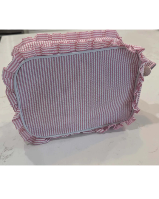 Pink Seersucker Ruffle Cosmetic Bag