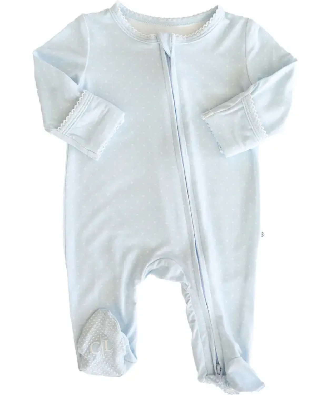Picot Trim Baby Blue Zipper Footie
