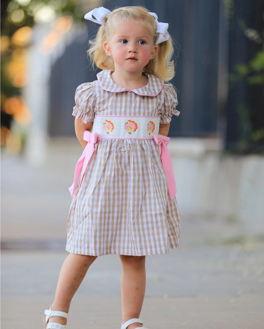 Thanksgiving Plaid Turkey Smock Bow Dress