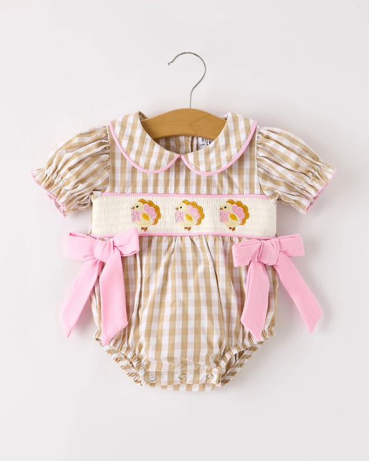 Thanksgiving Plaid Turkey Smocked Girls Romper