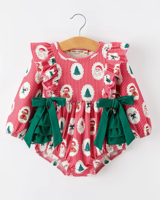 Santa Print Ruffle With Bows Baby Girl Romper