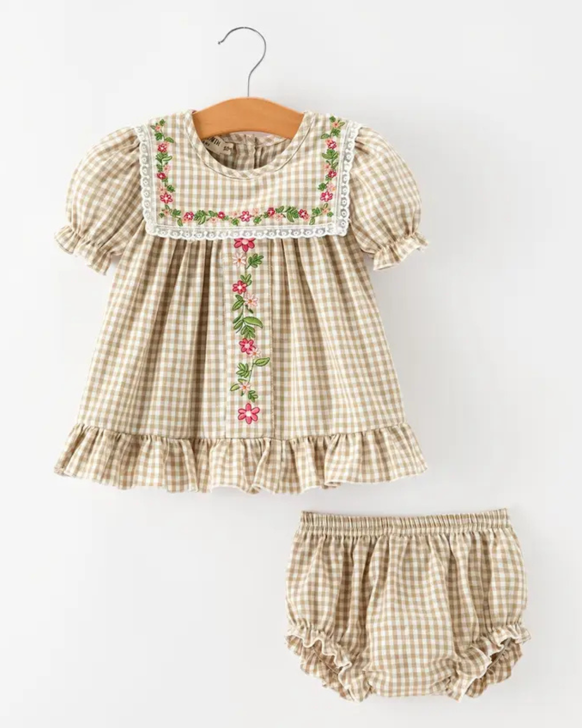 Fall Girls Khaki Plaid Floral Embroidered Bloomer Set