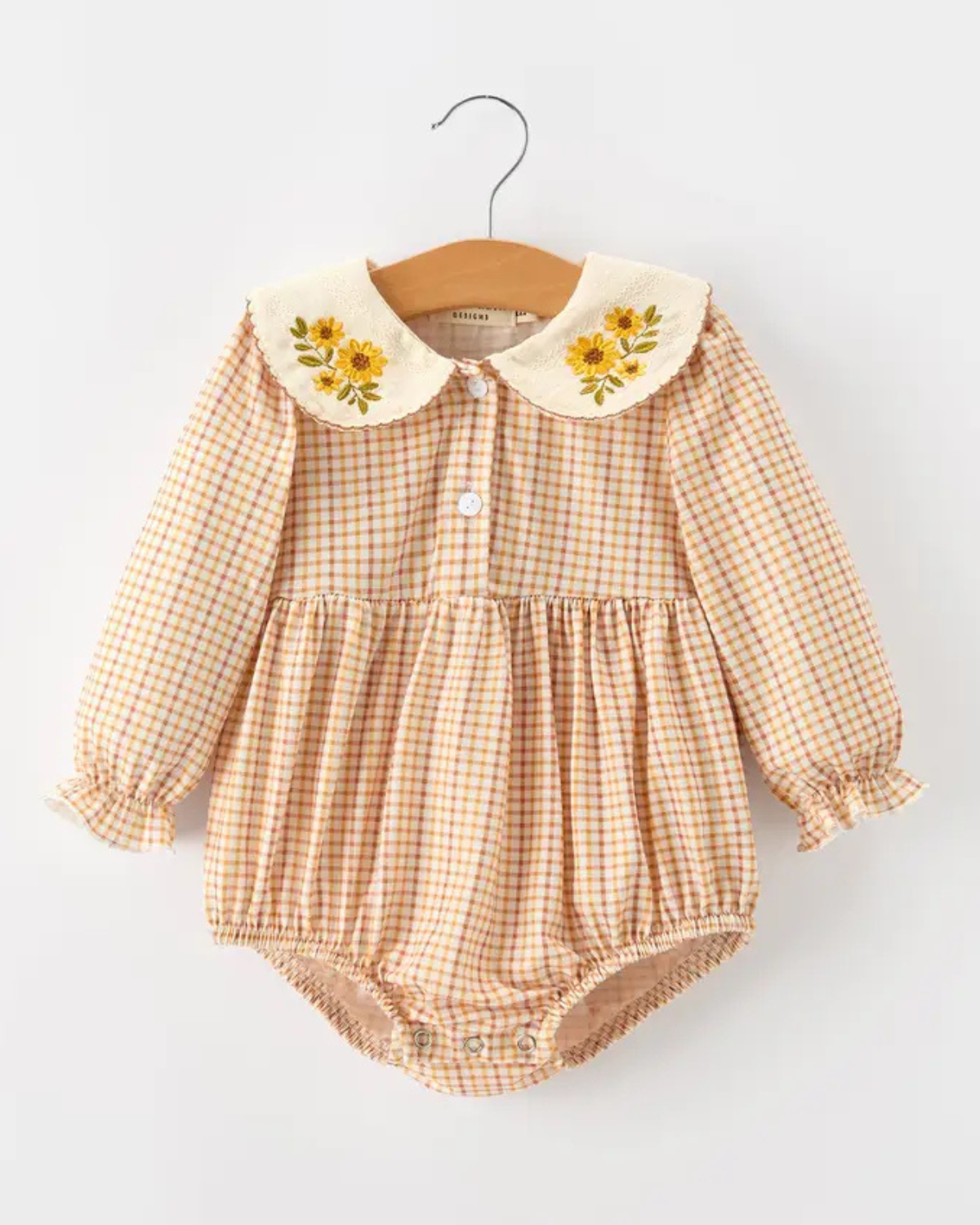 Fall Girls Orange Plaid Floral Collar Bubble Romper