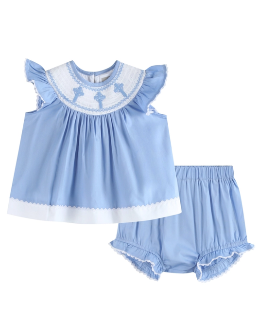 Periwinkle Crosses Smocked Bloomer Set