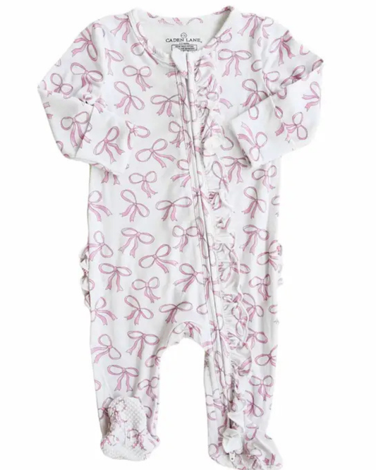 Blushing Bows Ruffle Zipper Footie