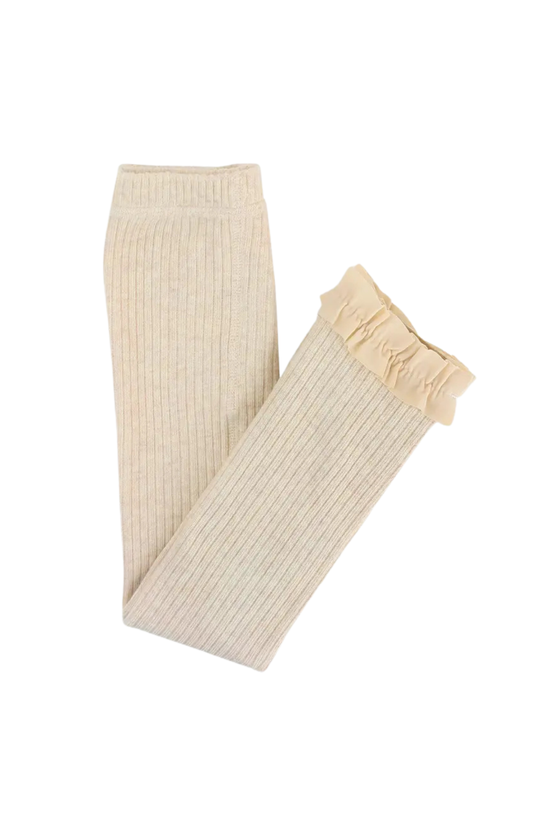 Oatmeal Rib Knit Footless Ruffled Tights - Off White