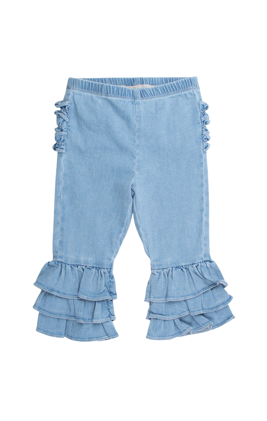 Girls Light Wash Denim Ruffle Flare Pants - Rear Ruffles