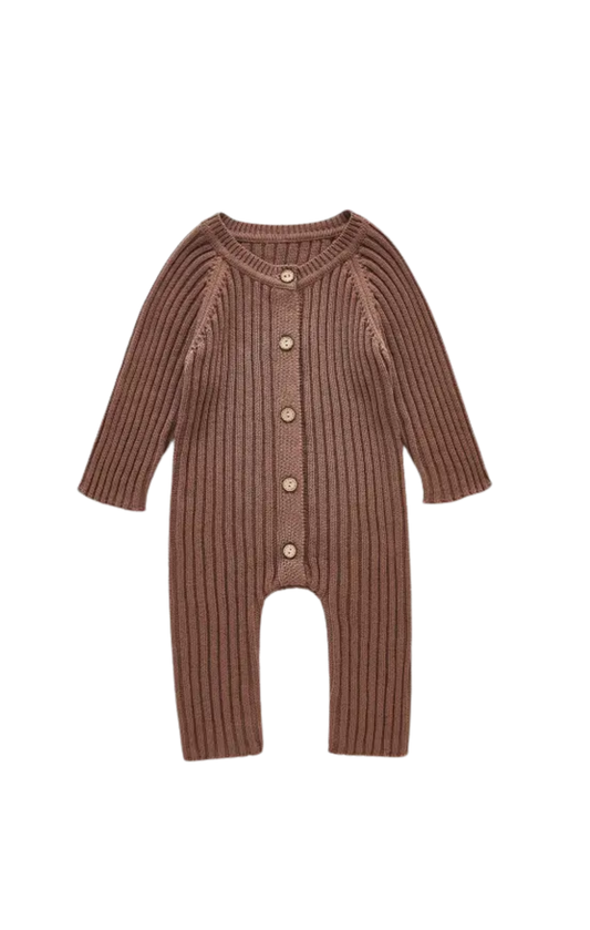 Long-Sleeved Knitted Romper - Camel
