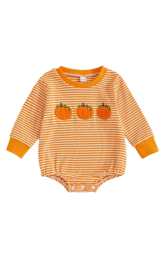 Halloween Pumpkin Embroidery Striped Romper