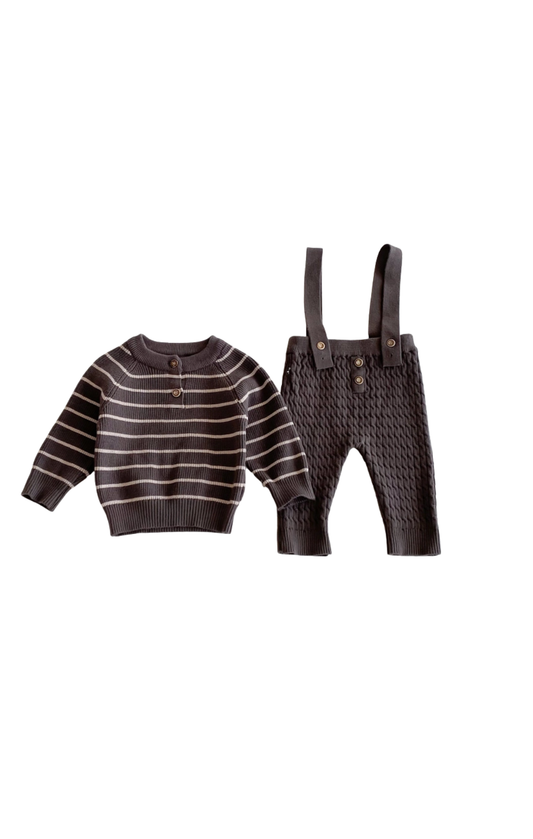 Knitted Striped Sweater & Overalls - Coffee