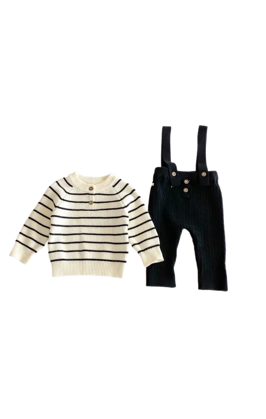 Knitted Striped Sweater & Overalls - Black