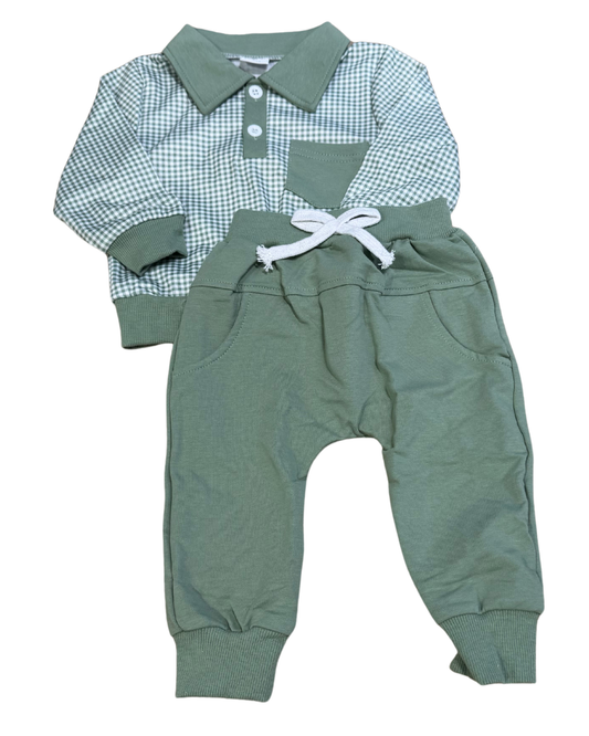 Green Gingham Collared Pocket Set