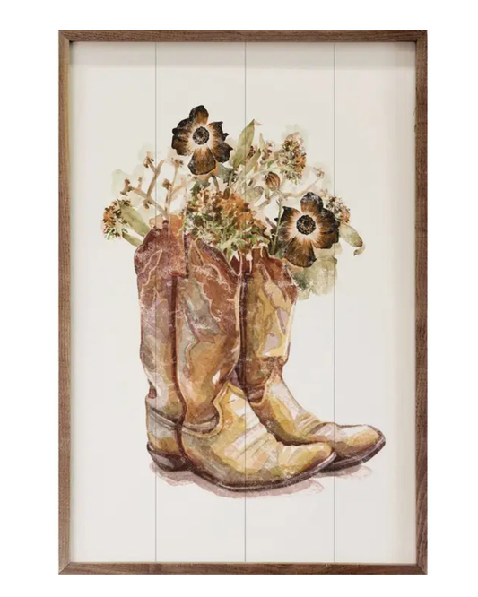 Boots With Flowers Framed Wooden Art 16x24