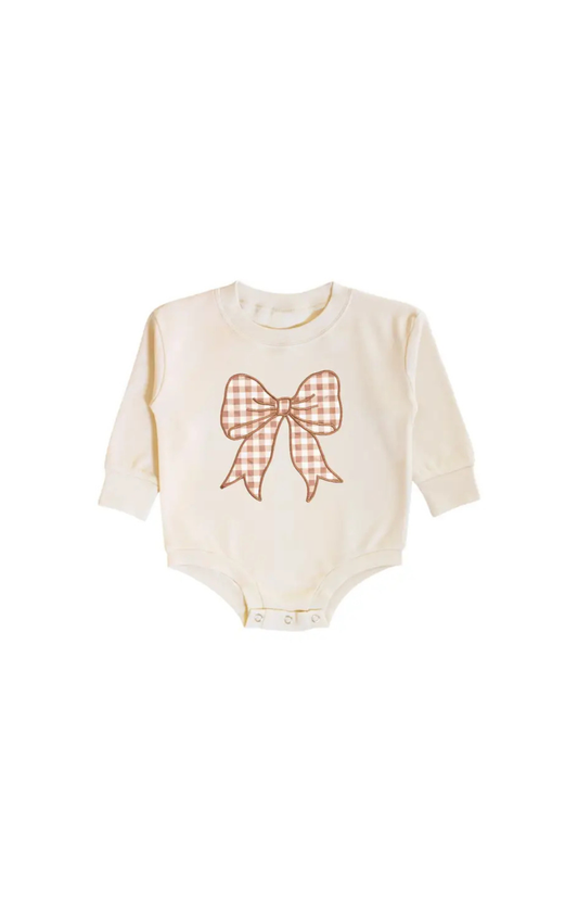 Gingham Bow Patch Long Sleeve Romper