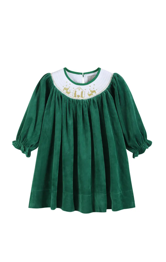 Green Velour Nativity Smocked Dress