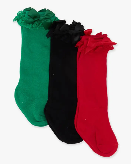 3-Pack Lace Ruffle Bow Knee High Socks