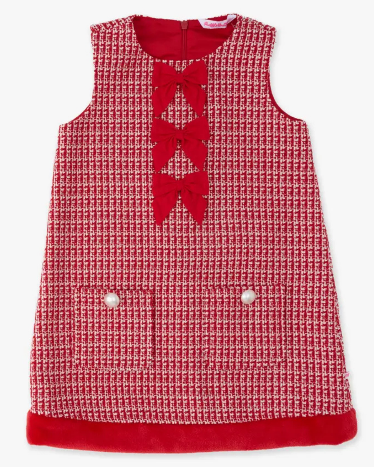 Red Shimmer Tweed Sleeveless Bow Fur Dress