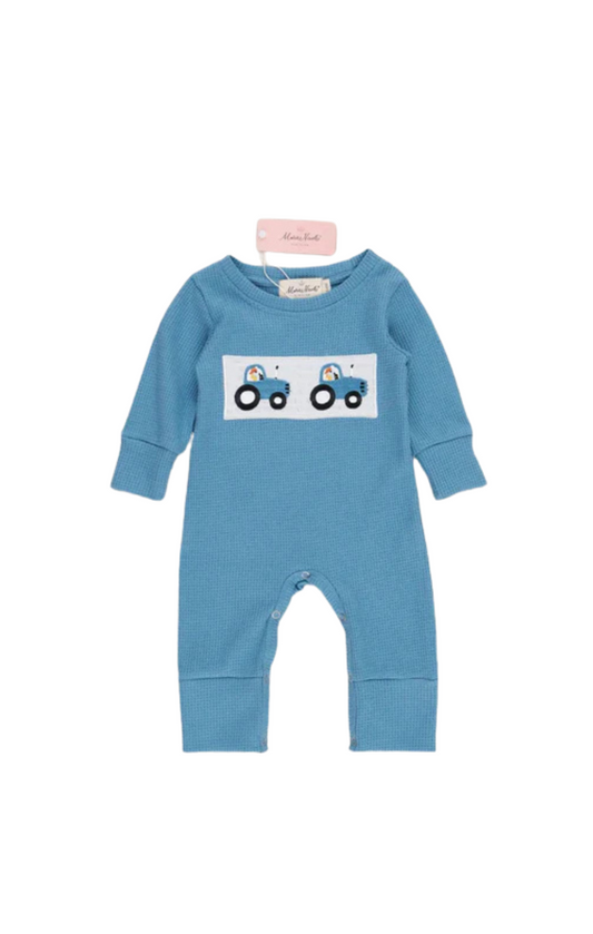 Blue Smocked Tractors Romper