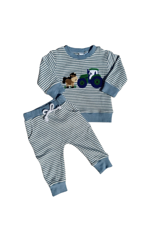 Blue Striped Waffle Knit Horse Tractor Lounge Set