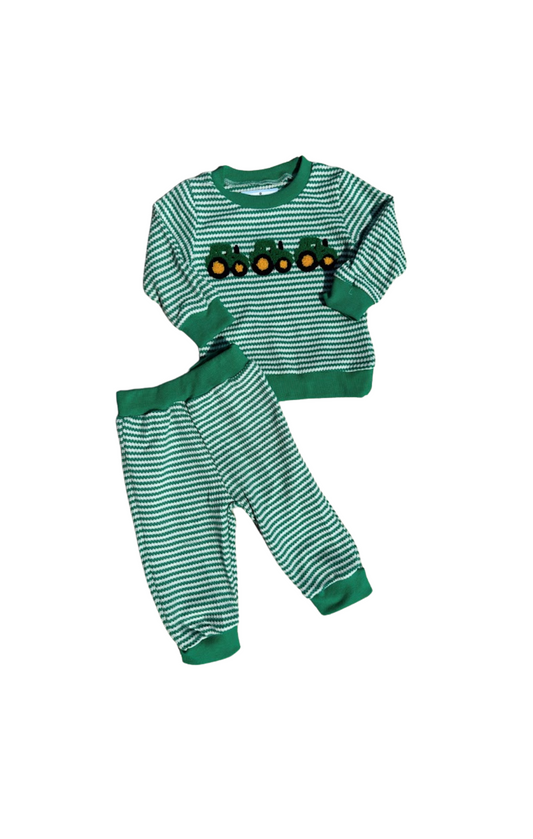 Green Striped Waffle Knit Tractor Lounge Set
