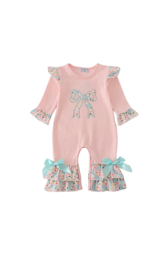 Pink Floral Print Bow Applique Ruffle Romper