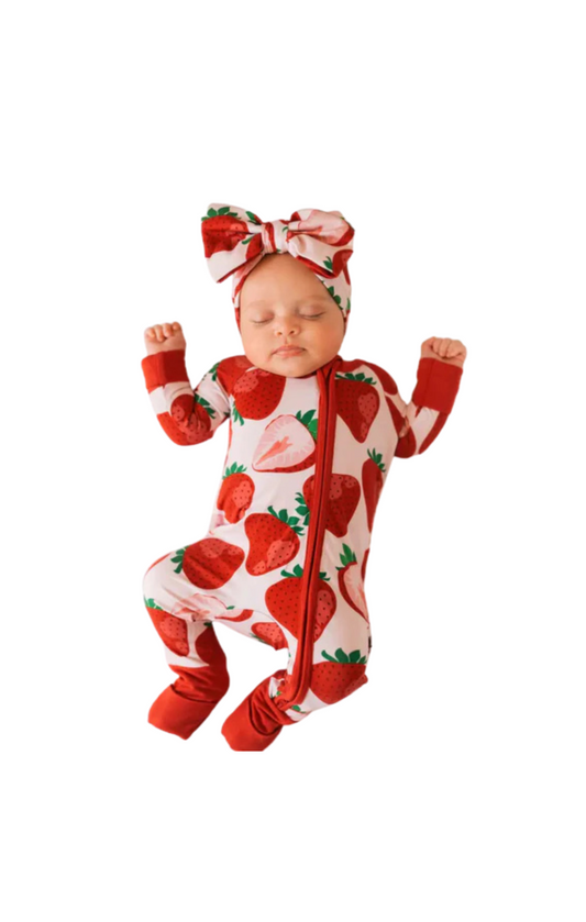 Strawberry Bamboo Zipper Romper Pajamas